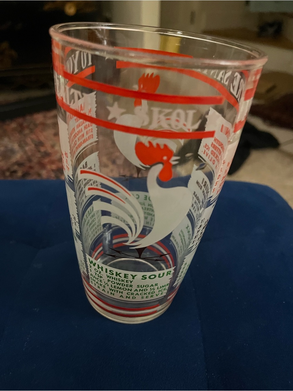 Vintage Cocktail Recipe Glass with Rooster Design - Red, Blue, White